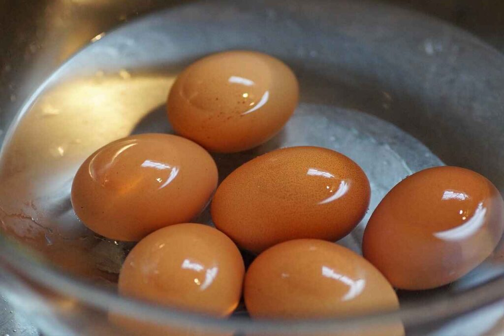 6 eggs in a saucepan ready for boiling